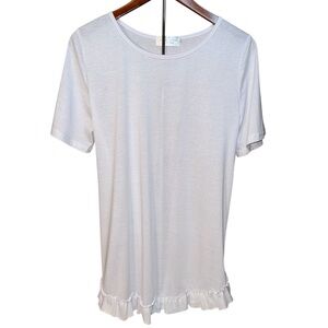 Signature Clothing “Sign Here” Long Tee White Scoop Neck Ruffle Hem Size Large